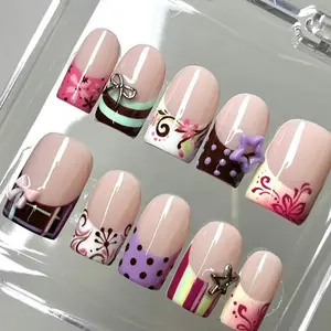 Handmade Retro Candy Press On Nails|   Bows, Stars, Polka Dots & Floral Swirls|   Short Square Nails For Cute Y2K Vibes