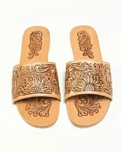 Western Sunflower Tooled Leather Sandals