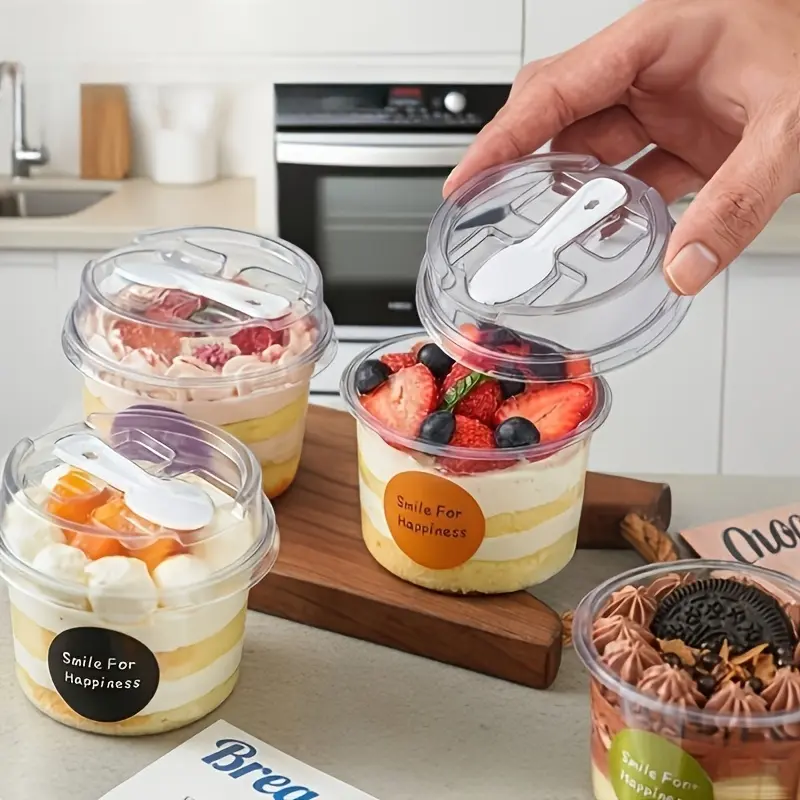100pcs (50 Cups + 50 Lids) Round Dessert Cups With Lids & Spoons - Reusable Plastic Cake Containers, Ideal For Weddings, Birthdays, Parties - Hand Wash Only Clear Mousse Cake Cups, Yogurt Cups, Cream Tart Cups