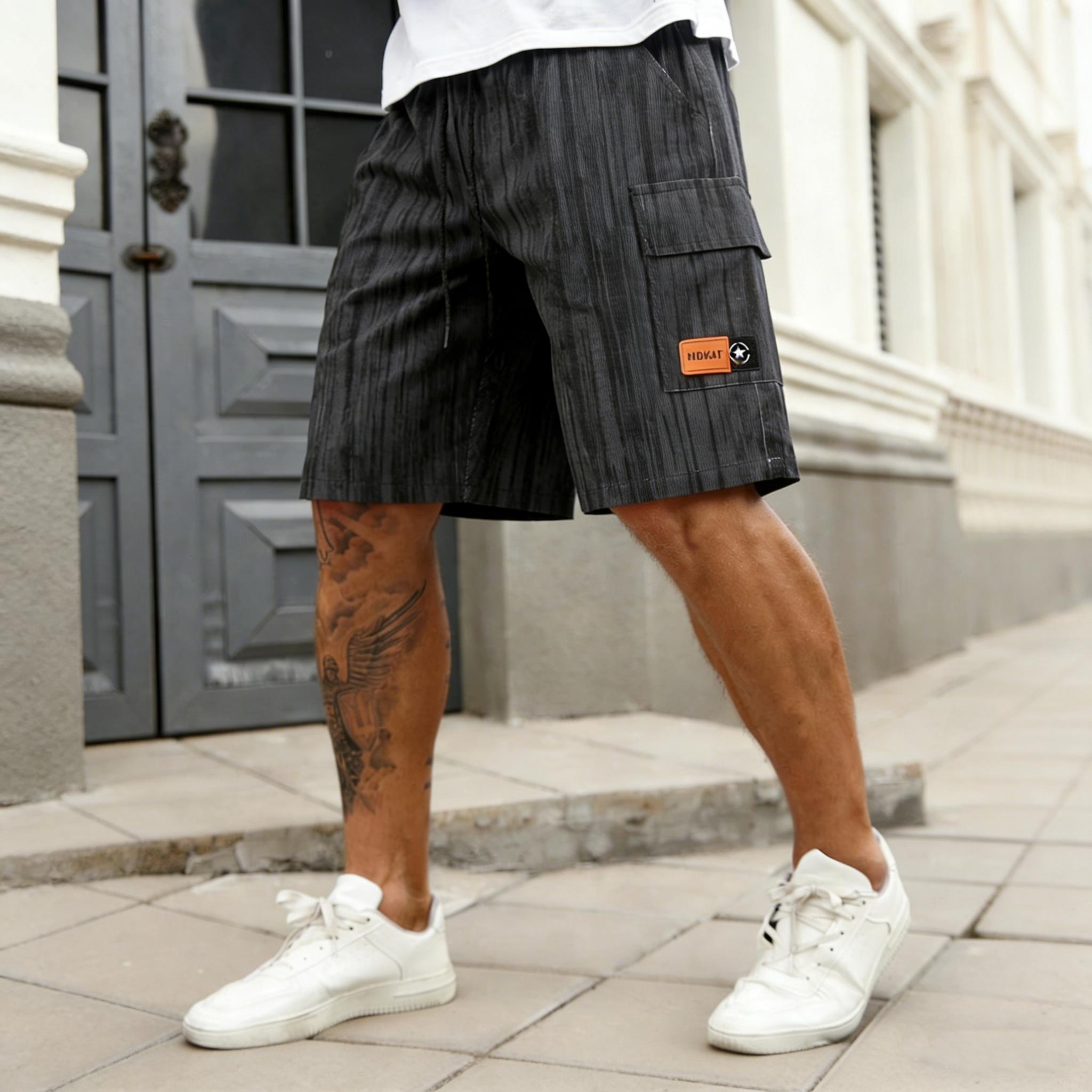 3-pack men’s breathable cargo shorts, Bop Shorts, corduroy striped cargo shorts with drawstring waist and multiple pockets, street-style casual shorts for everyday outdoor wear; suitable for various venues; available in sizes XS–3XL; accommodates all body