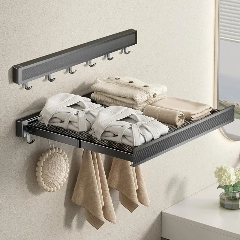 Expandable Retractable Bathroom Folding Storage Rack, Aluminum Balcony Sock Holder, Wall-Mounted Clothing Drying Net, Laundry Organizer, Indoor Clothes Drying Rack, Adjustable Racks
