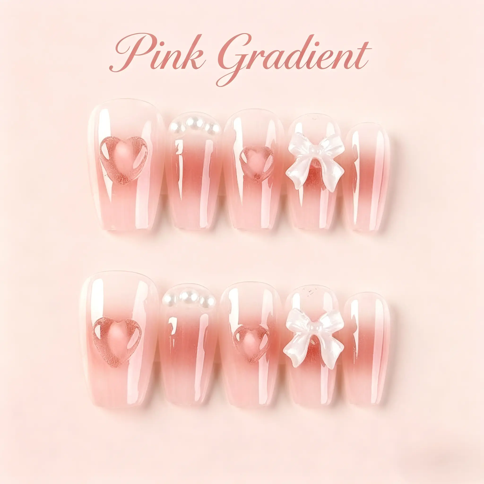 Women's Glossy Nude Pink Gradient Press-On Nails - Medium-Length Coffin Style with 3D White Bow, Hollow Heart, Pearl Detail, Lightweight, ABS Box Set, 10 Individual Sizes, for Daily Wear, Party, Work, At-Home Application, Chic, Elegant, Flat Top