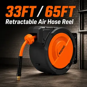 RVCHIC 33FT/65FT Retractable Air Hose Reel, Heavy Duty Wall Mounted Auto Rewind Air Compressor Hose Reel with Hybrid Air Hose, 180° Swivel Bracket, No Tangle Slow Retraction for Garage Workshop Automotive DIY Use