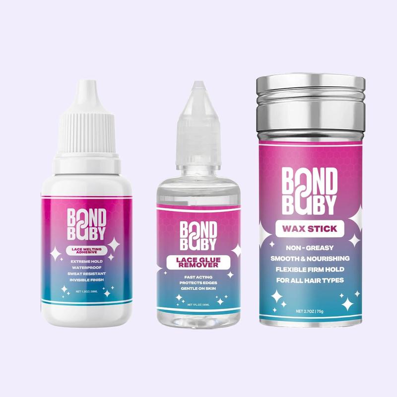 BondBaby Trio - Lace Melting Adhesive, Lace Glue Remover & Wax Stick for Haircare - Gentle Jojoba Formula - Strong Hold, Non-Greasy, Flexible Firm Grip