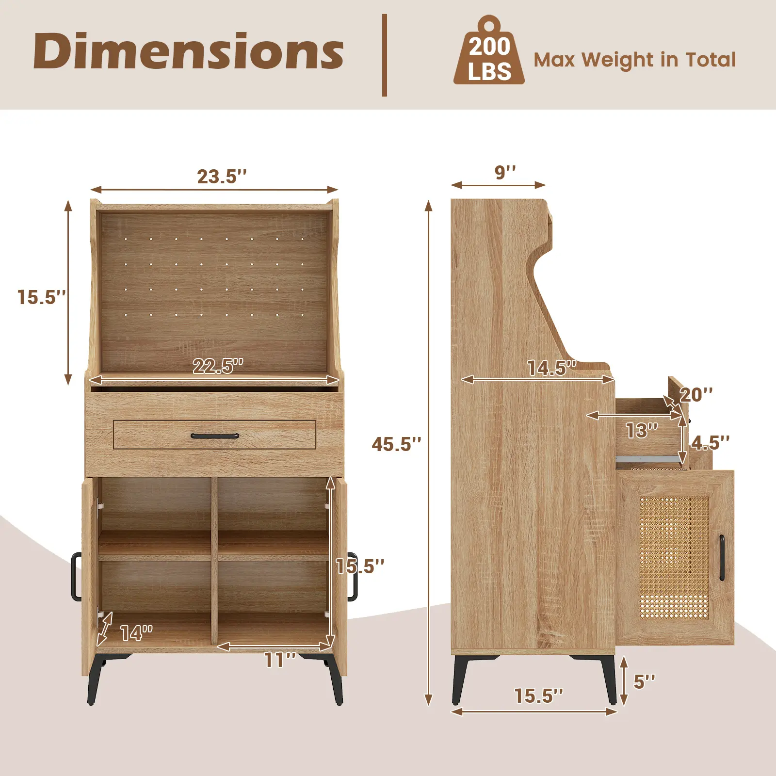 COSTWAY - Coffee Bar Cabinet with Pegboard Storage Drawer and Adjustable Shelf-Oak