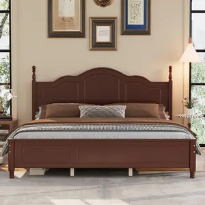 King Size Platform Bed Frame with Retro Wave Headboard, Wooden Slat Support, No Box Spring Needed,  Easy Assembly, Sturdy Structure ,Bedroom Furniture with Classic Vintage Design, Dark Walnut