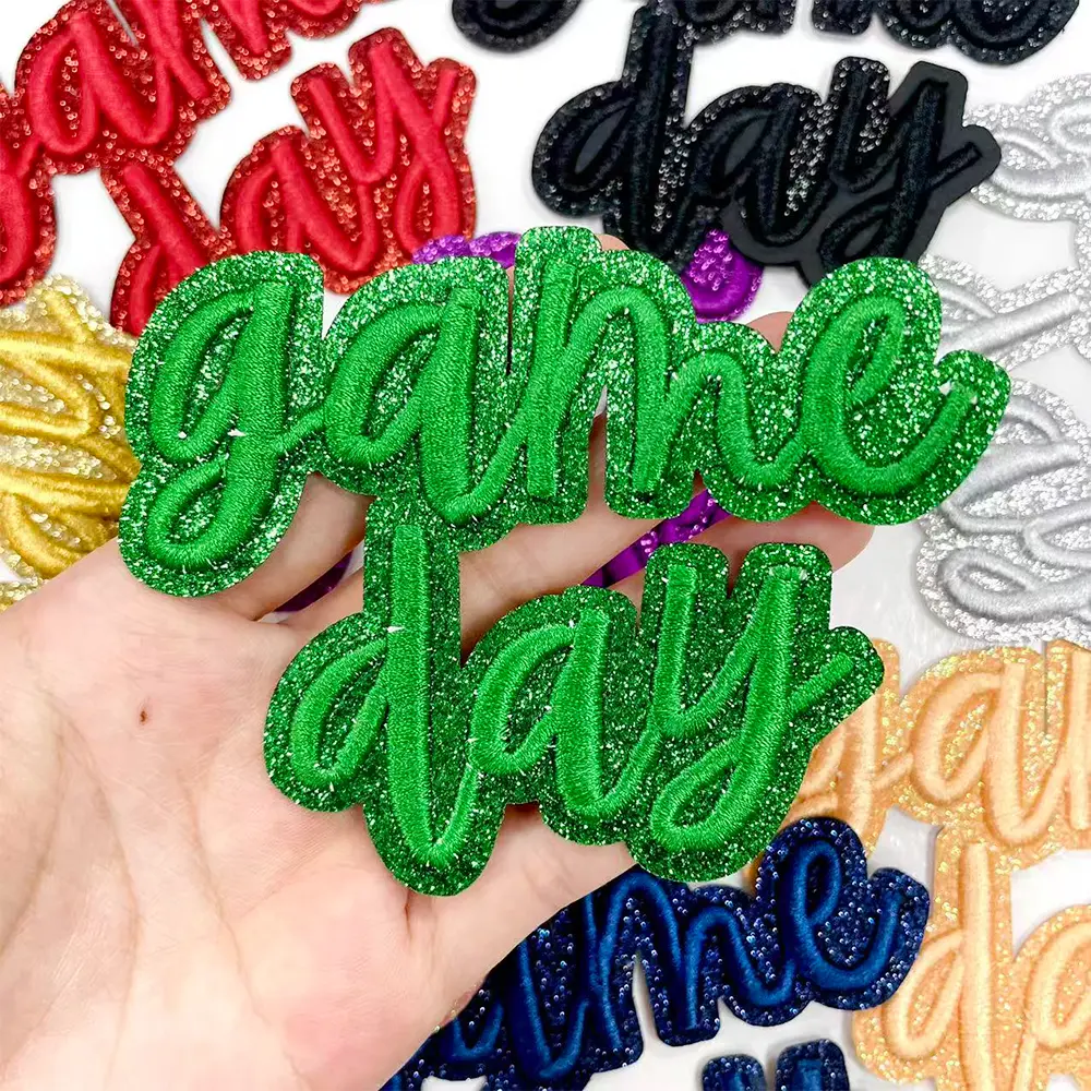 CY 8PCS Custom 3D Embroidery Patches - 3x3.9 In Glitter Edge Embroidered Letter Applique, Easy-to-Use Cotton Trim for Clothes, DIY Trucker Hats, Jackets (3D Game Day Compatible)