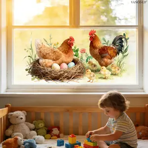 A 30*60 cm cute farm chicken static window sticker, home decorative decals featuring hens, roosters and chicks with easter eggs