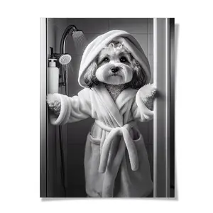 Vintage Dog Bathrobe Wall Decor, Rectangular Print, Retro Fun Decoration, Fantasy Animal Portrait for Bathroom, Modern Home, 12x16 Inches
