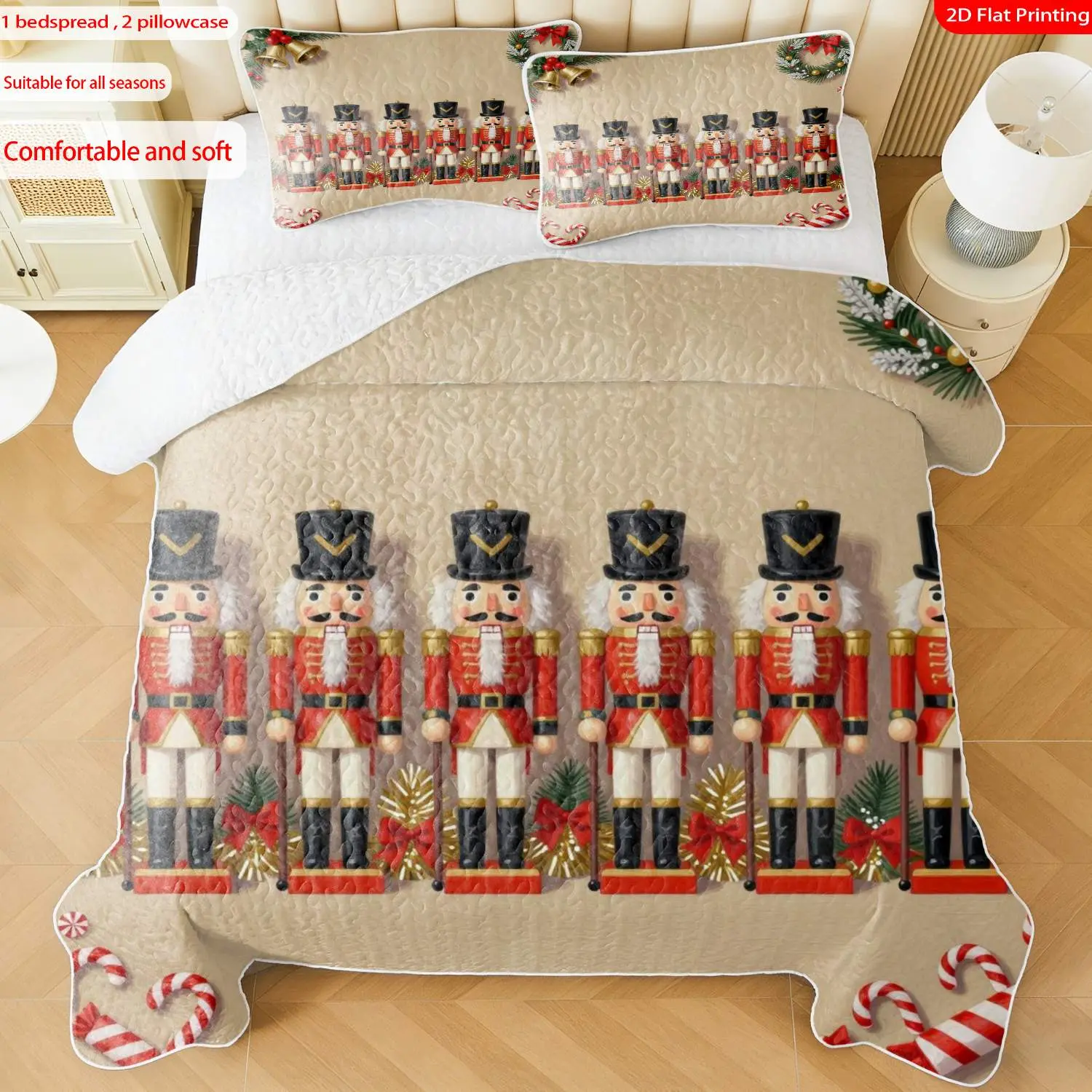 3pcs, 2D flat print Classic Nutcracker Soldier Christmas Themed Quilted Bedspread Set, multiple sizes available, bedding set, festive decorative bedding, ideal for bedroom décor(1 bedspread , 2 pillowcase)