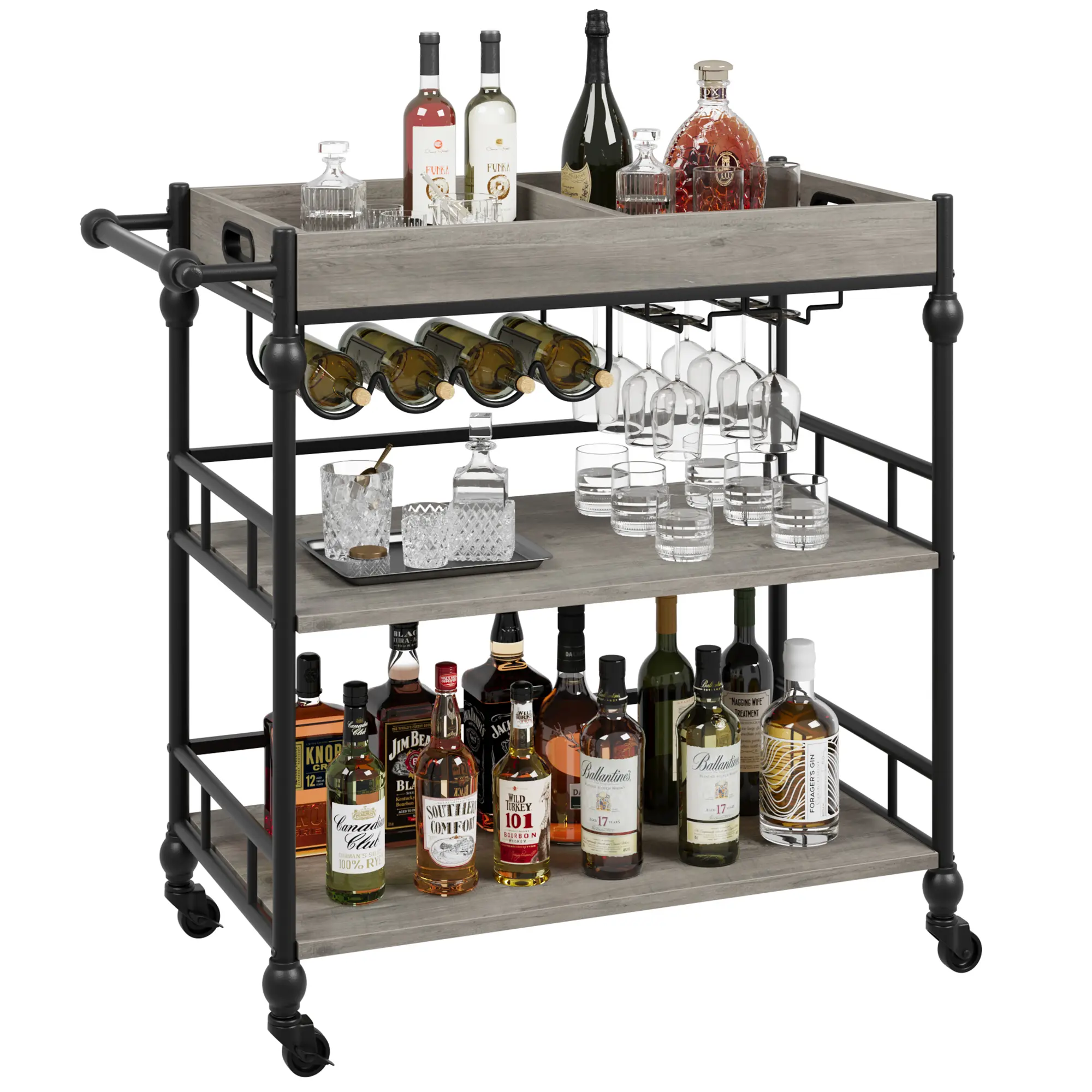 3-Tier Metal Bar Cart with Wheels, Wine Rack, Removable Tray Industrial Rolling Serving Trolley for Kitchen, Dining, Living Room  Home Bar Furniture