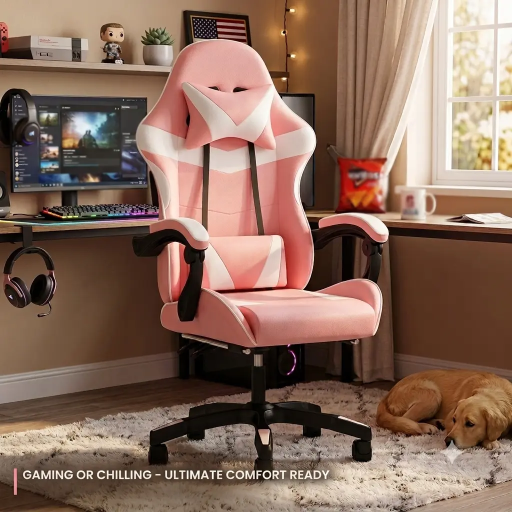 Gaming Chair Ergonomic Computer Chair for Adults Teens with Headrest Lumbar Support Racing Style Gamer Chair for Gaming Room Bedroom Home Office Setup Pink White Black Yellow