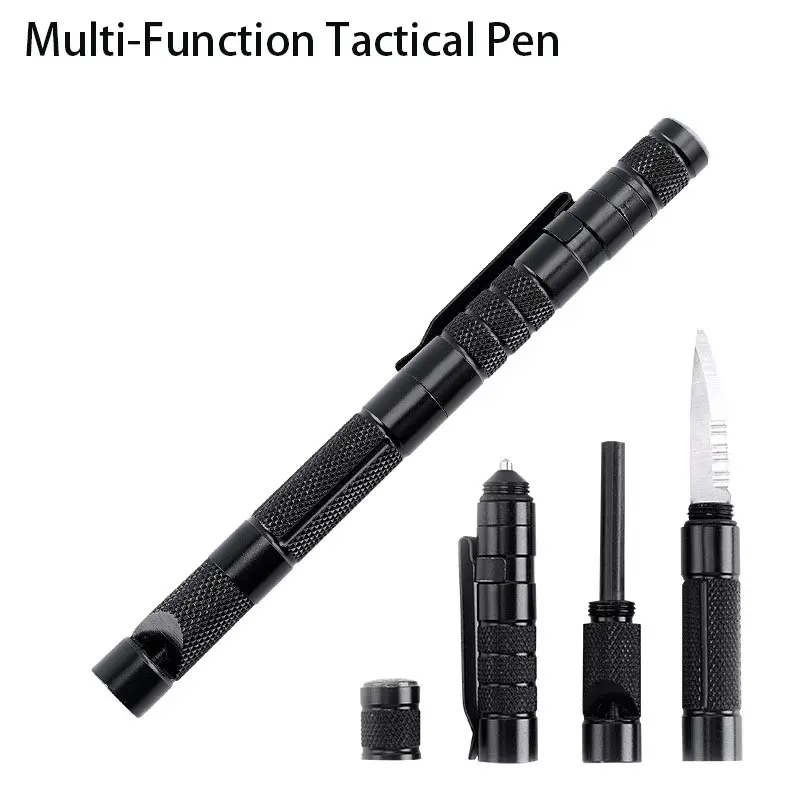 5-in-1 Portable Emergency Safety Tool Pen | Lightweight Aluminum Pocket Survival Gadget with Straight Blade Compass Fire Starter Whistle Window Breaker | No Writing Function | EDC for Car Purse Travel Hiking Self Rescue