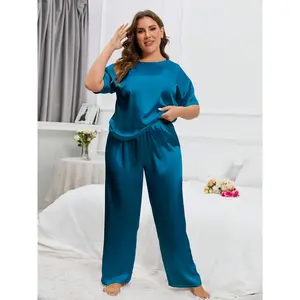 Plus Size Solid Satin Pajama Sets, Crew Neck Short Sleeve Tops And Casual Pants, Women's Sleepwear And Loungewear