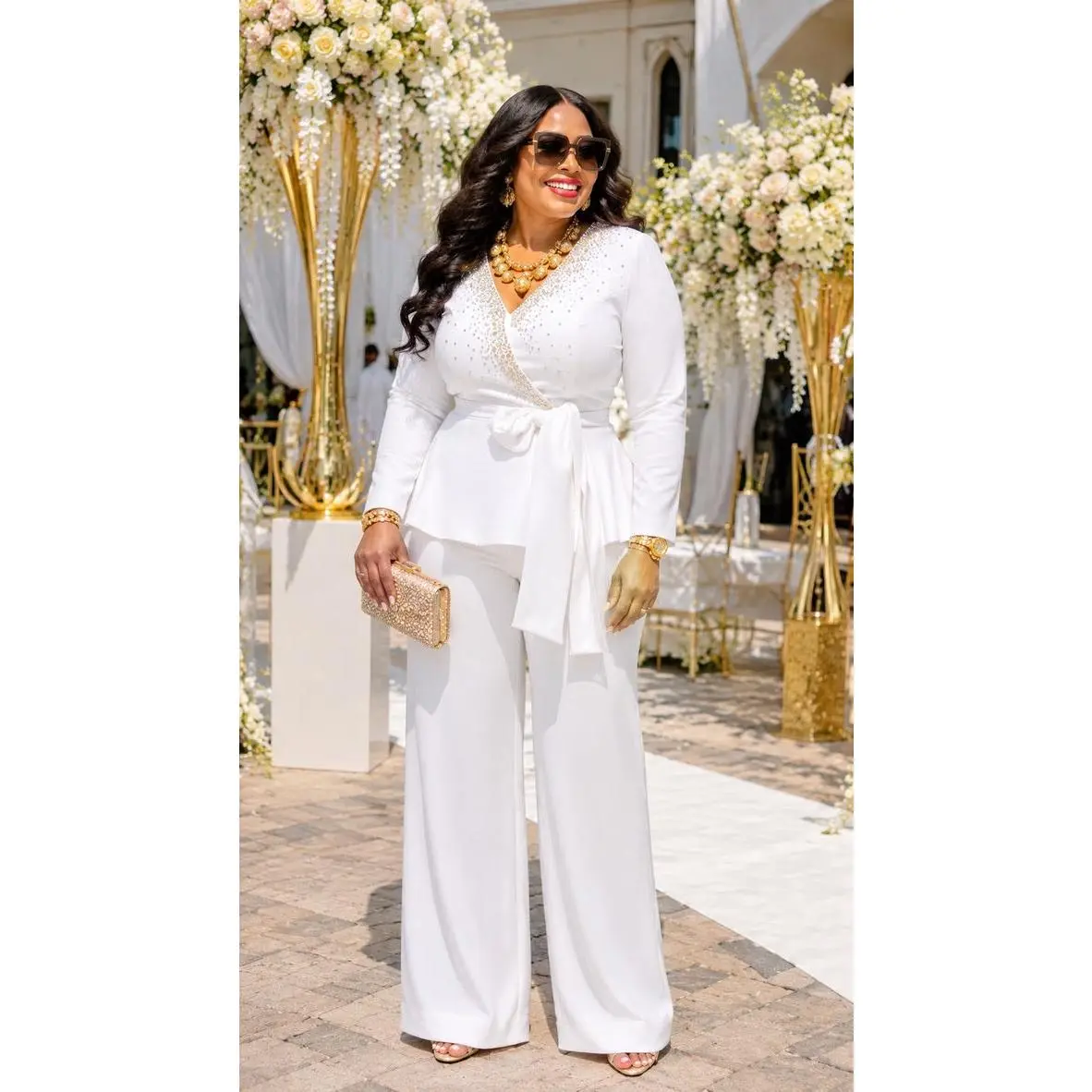Classy White Summer Wedding Guest Embellished Wide-Leg Jumpsuit for Formal Event Church Engagement Party Birthday Cocktail