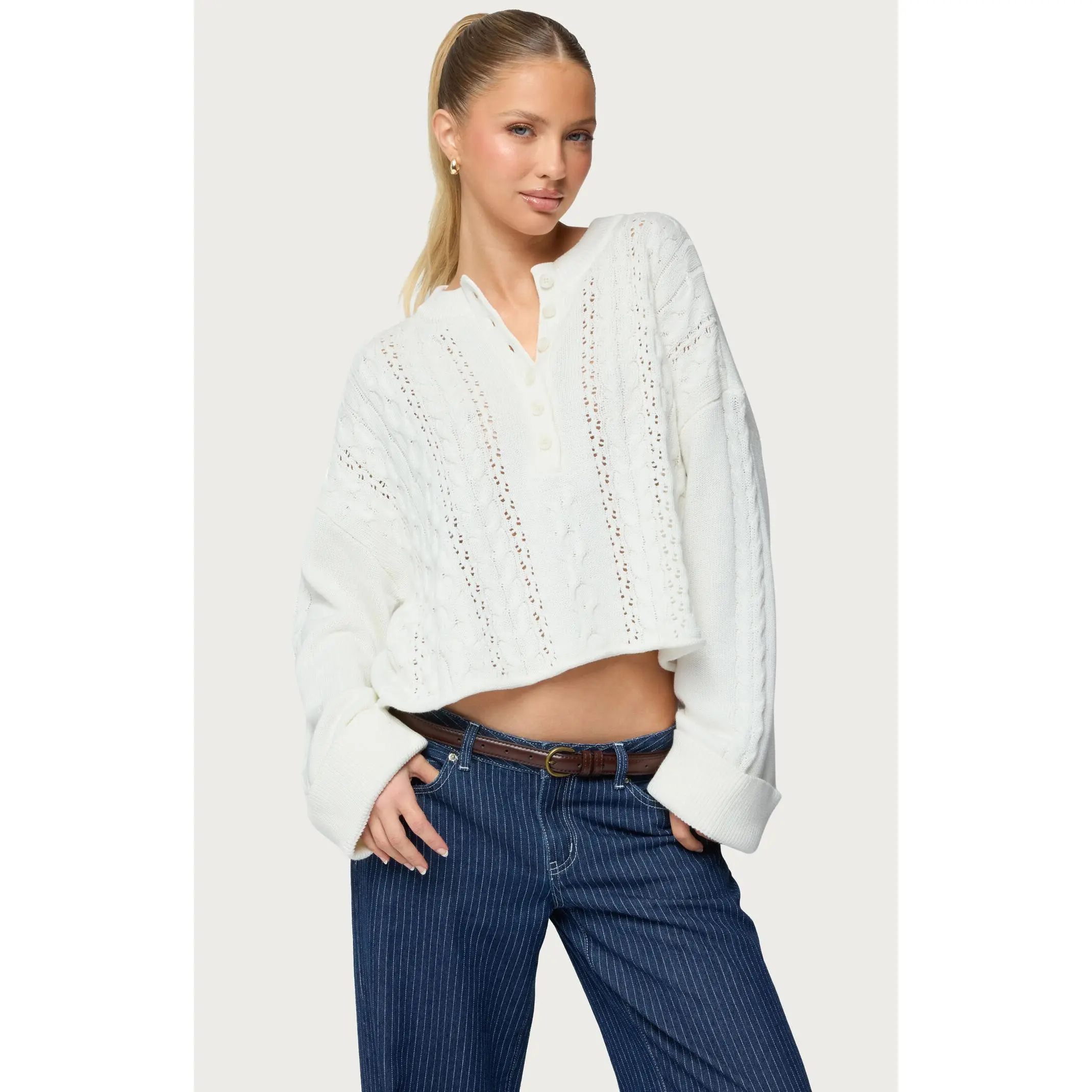 Edikted Women's Marianna Button Cable Knit Sweater Edikted Women's Marianna Button Cable Knit Sweater
