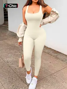 Women's Solid Backless Scoop Neck Ribbed Tank Jumpsuit, Casual Comfy Sleeveless Jumpsuit for Yoga Gym Workout, Ladies Clothes for All Seasons, Backless Sports Jumpsuit