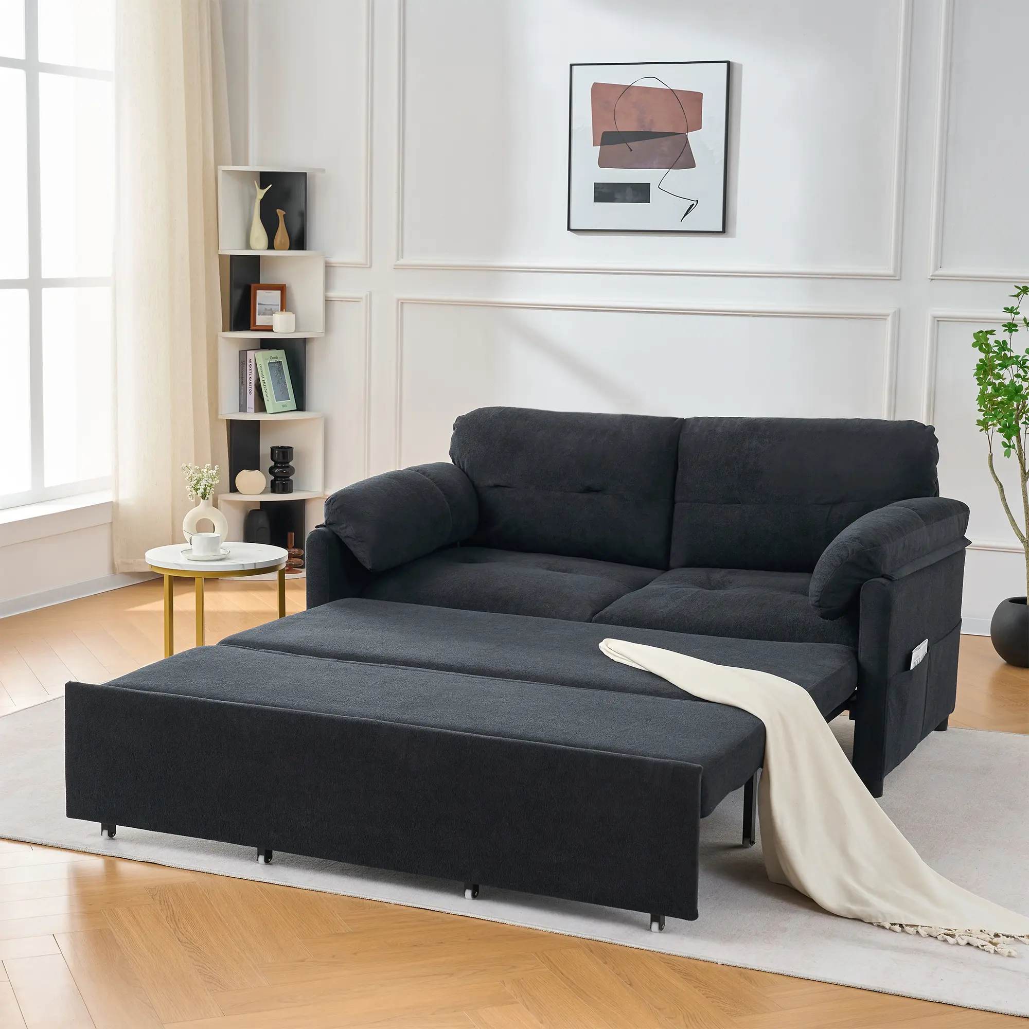 Convertible Pull Out Sofa Bed Queen Size 3-in-1 Sleeper Couch with Thick Cushions Side Storage Chenille Loveseat for Living Room Bedroom Apartment Office Black, Living Room Furniture for Apartment, Lounge, Family Room, Office and Home Seating