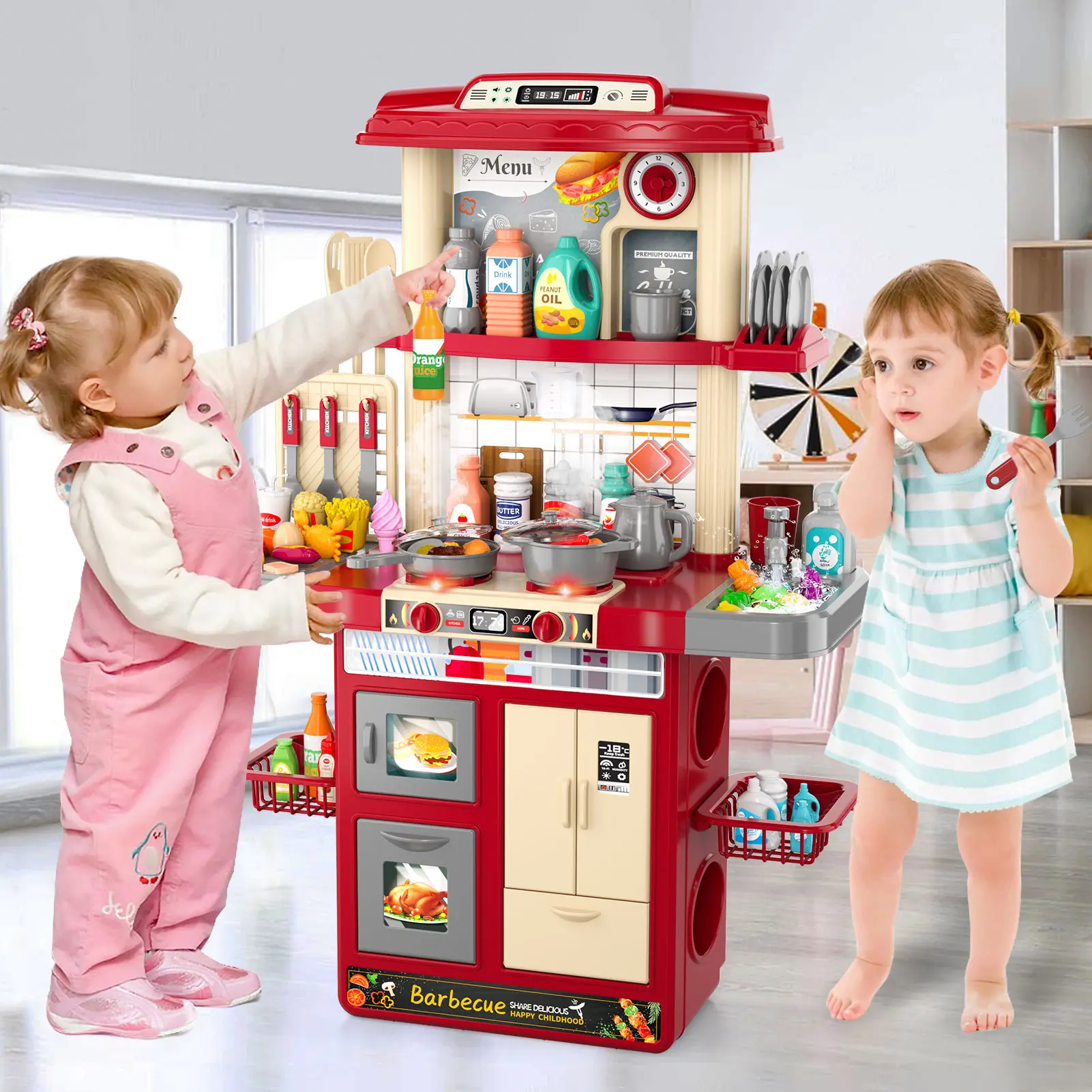 Kids Pretend Play Kitchen Set with Functional Spray Water Sink Toy,Built-In Vivid Lights&Authentic Cooking Sound Effects,Complete Household Role Play Playset for Boys Girls Ages 3+,Dual-Purpose Educational Simulation Toy&Sensory Fidget Anxiety Relief Toy