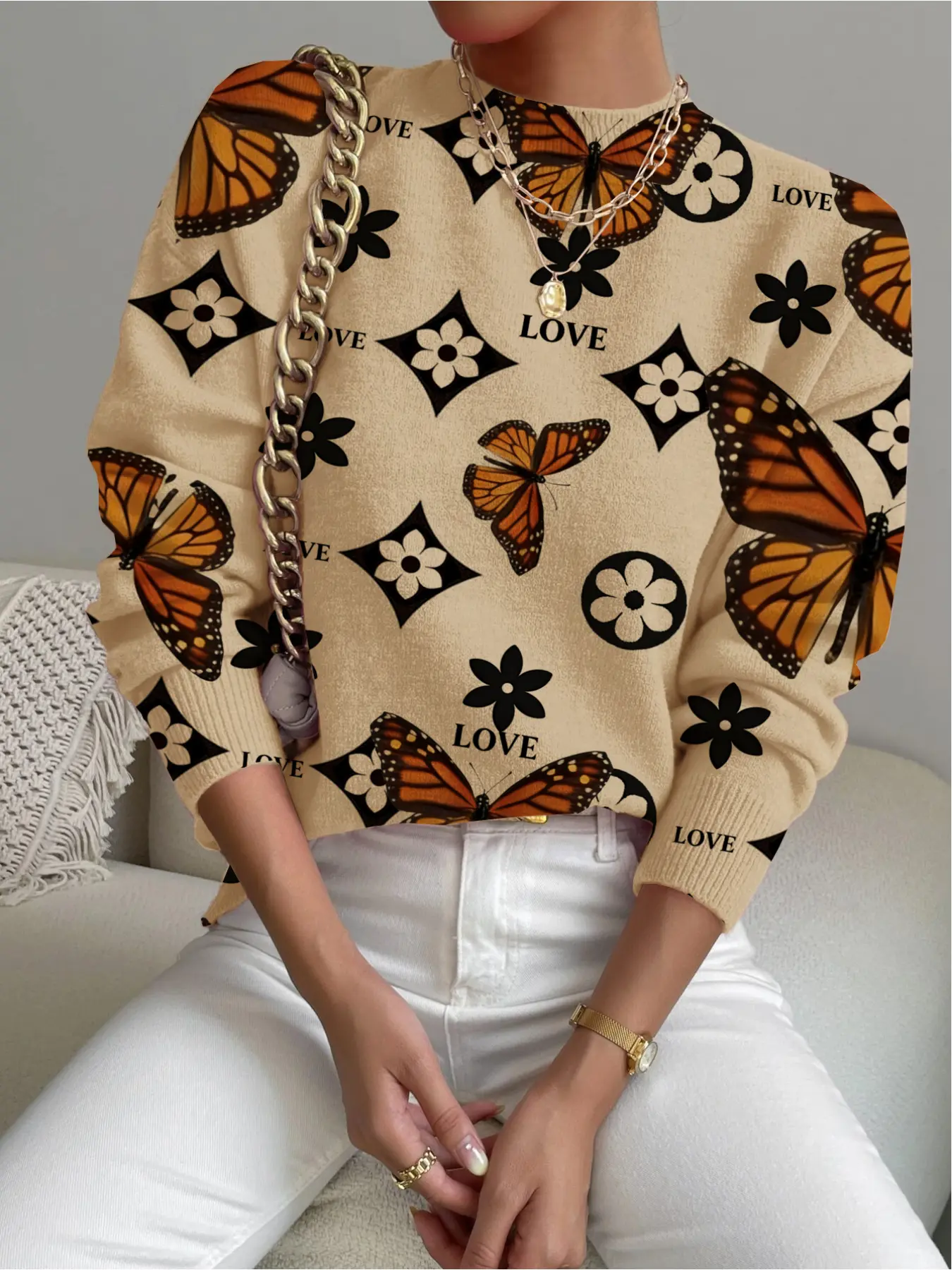 Women's Butterfly Print Stand Collar Short Sweater, Casual Fitted Long Sleeve Knitwear for Fall Winter, Comfortable Warm Daily Wear Tops Style Womenswear