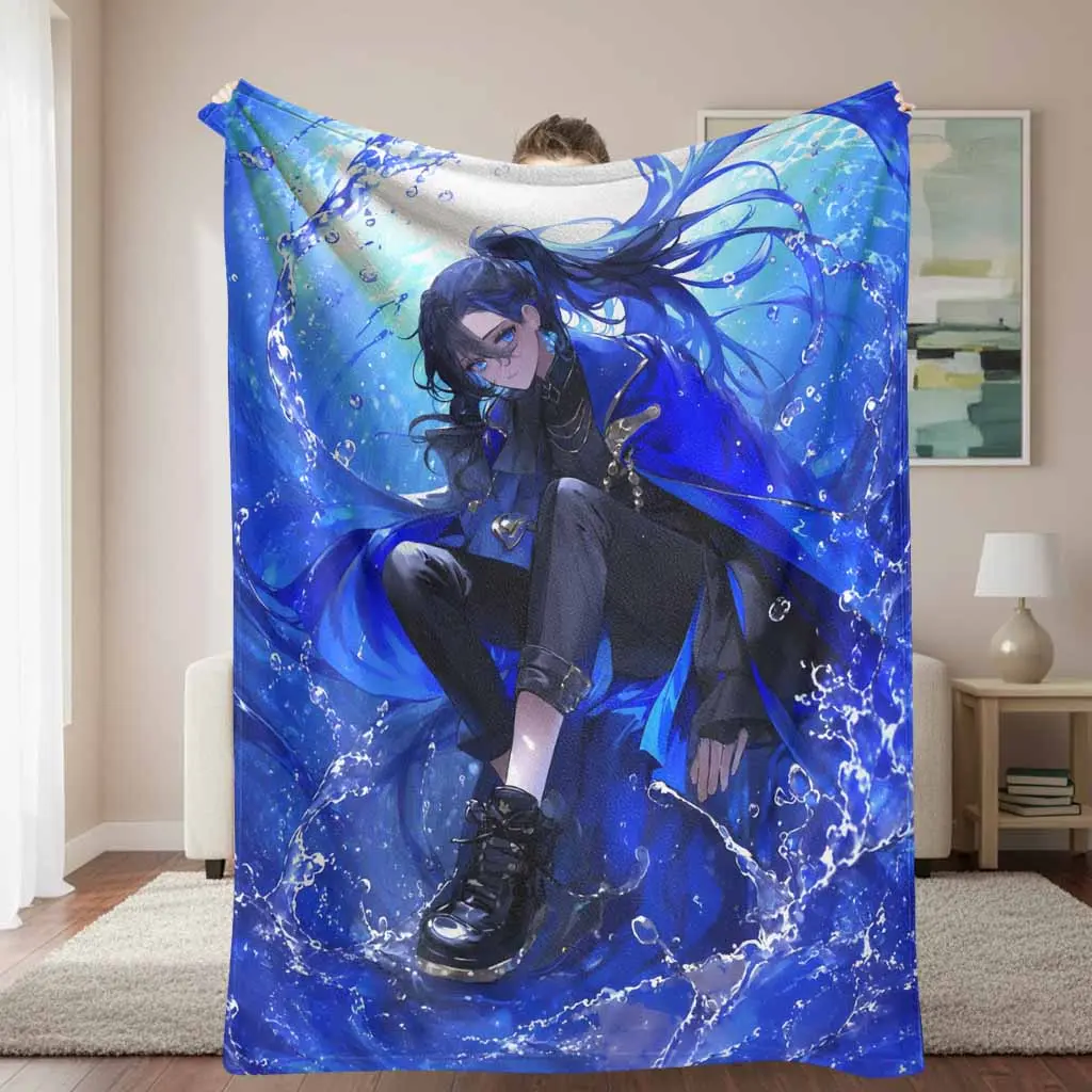 Ocean Fantasy Flannel Anime Character Blanket - Blue Water Print, Wrinkle Resistant, Anti-Pilling, Multi-Size, Soft Cozy Lightweight Warm Indoor-Outdoor Home-Sofa Decorative Throw for Bedroom, Gift Use