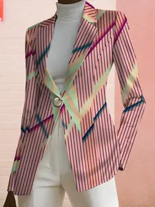 Women's Autumn Outdoor Asymmetrical Striped Geometric Print Blazer Jacket, Casual Fitted Regular Length, Spring & Fall Fashion
