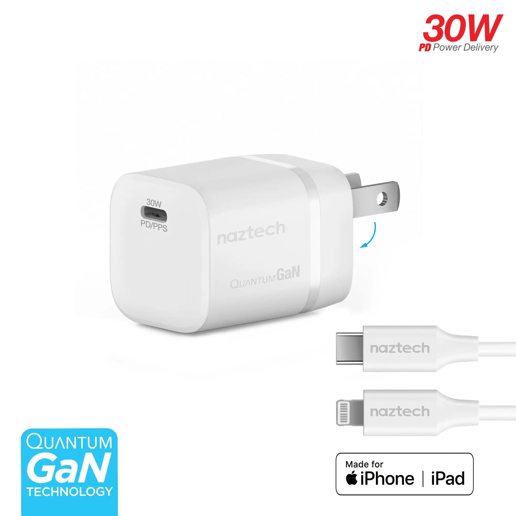 Nexus M30 30W USB-C PD GaN Super-Fast Wall Charger with PPS | 6ft MFi Lightning Cable | White