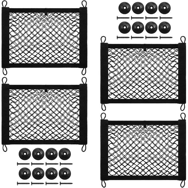 4-piece cargo storage net, 13.8x9.8-inch cargo net bag, universal accessory elastic car small cargo net storage belt, 16 installation screws, hooks for truck, car, SUV, ship, truck organization, sturdy and compact organizer, multi-functional storage
