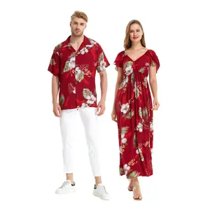 Matchable Couple Hawaiian Luau Shirt or Rahee Maxi Dress in Pineapple Garden Burgundy