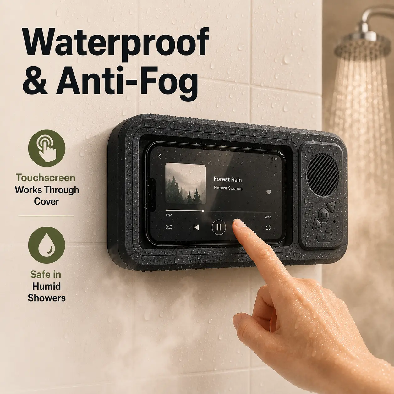 Bathroom shower waterproof phone holder Bluetooth speaker 360°Rotation touch screen mobile phone box