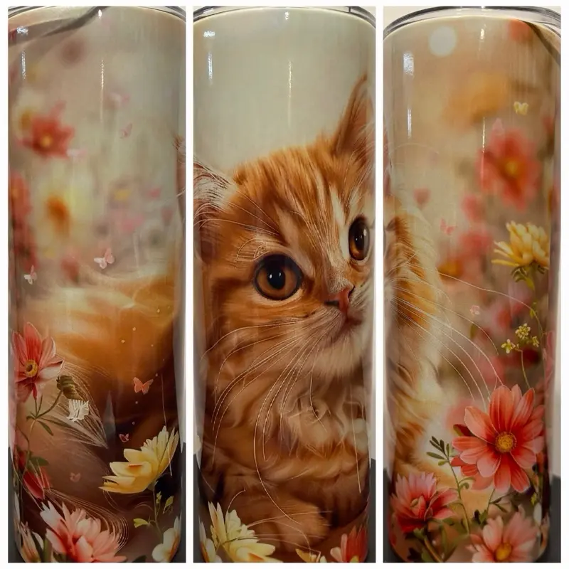 20oz Kitty Tumbler with Adorable Cat Design and Vibrant Floral Accents for Cat Lovers