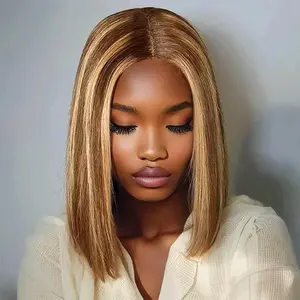 Short Straight Bobo Wig Women's Bobo Head Fashionable High Temperature Silk Fiber Full Headset Honey Blonde Glueless Wigs, Glueless Frontal Wig, Hair Straight Wig