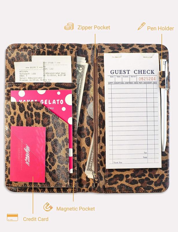 Server Book for Waitress Book with Zipper Pocket, 5x9 Leopard Magnetic Closure Server Wallet with Money Pocket and Zipper Pouch, Restaurant Waitstaff Organizer Fit Server Apron