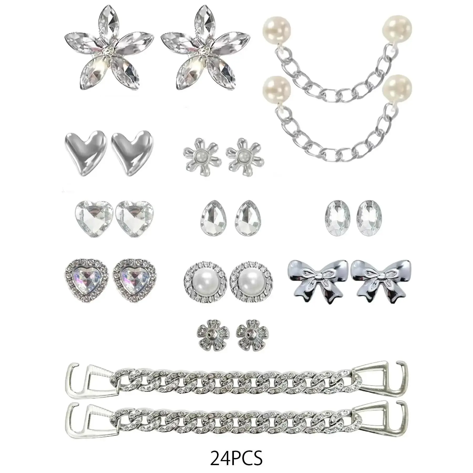 Elegant Sparkle Shoe Charms, 24-Piece Synthetic Set with Butterfly, Heart & Floral Designs for All-Seasons Hole-Fit Shoes