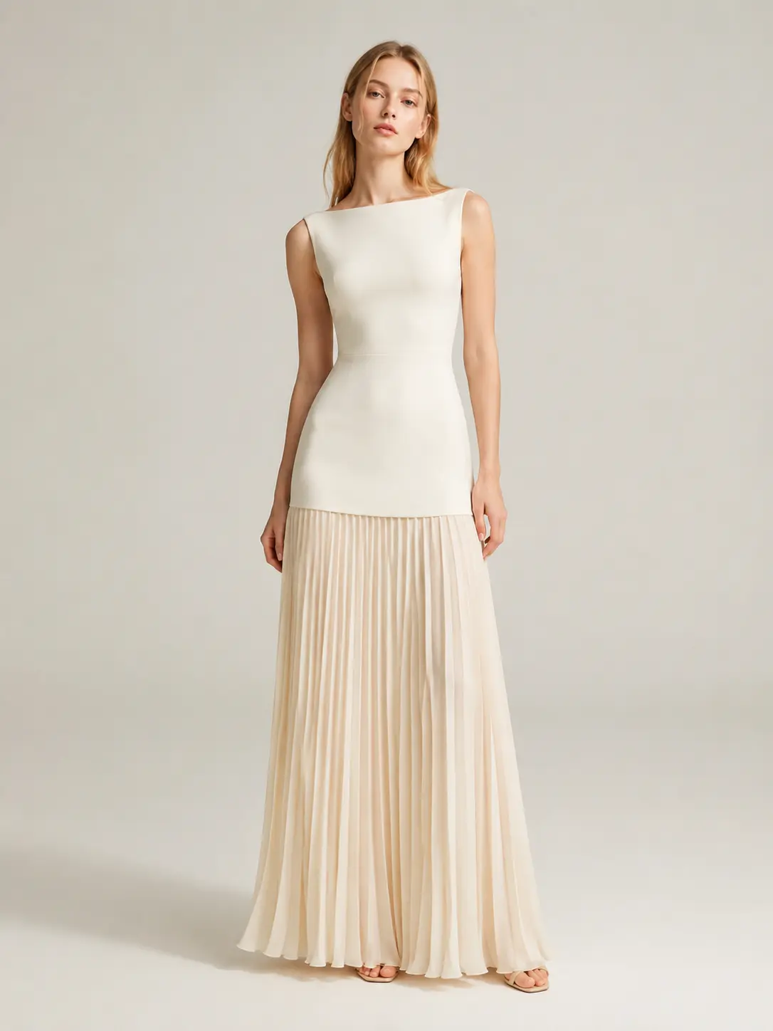 Women's Maxi Dress, Elegant Sleeveless Gown in Solid Polyester, Chic Slim Fit with Pleated Drop Waist and Long Skirt, Machine Wash Casual Formal