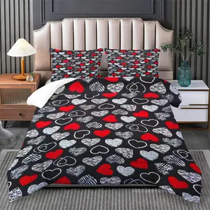 2/3 Pcs Black Base Red-White Patterned Hearts Bedding Comforter Set, Comforter + 1/2 Pillowcases, All-Season Use, Red-White Patterned Heart Design, Fits Bedroom/Vintage Sweet-Cool Space/Dorm, Ideal for Home Lovers/Students/Personalized Gifts