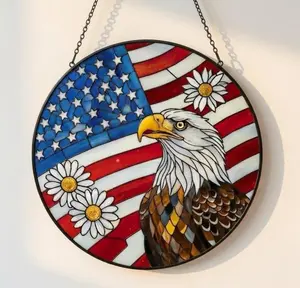Bald Eagle Stained Glass Suncatcher, American Flag Window Hanging Decor, Wildlife Style Wall Art, Indoor Outdoor Home Decor, Gift for Dad