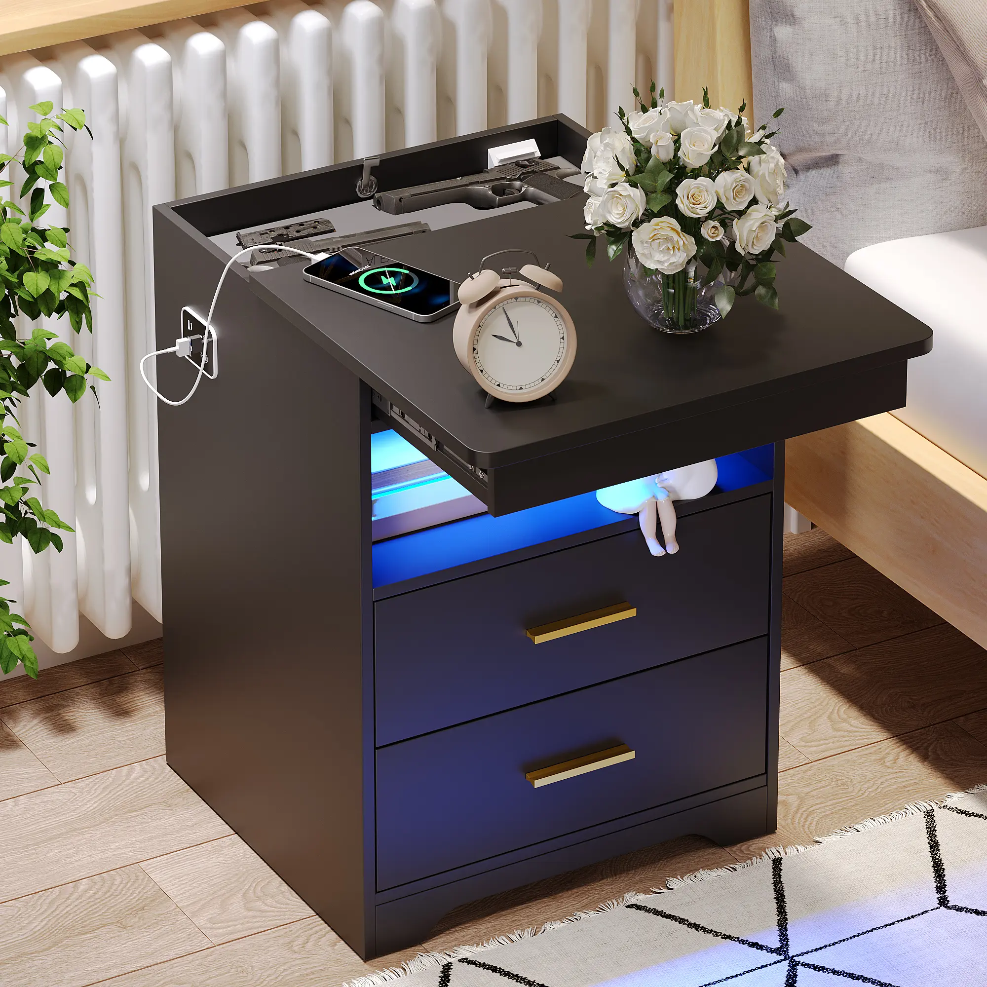 Miuvanity Nightstand Gun Drawer with USB & Type-C Port, LED Light, Modern Design for Office & Bedroom Storage, Includes Charging Station Bedside Table，Modern End Table
