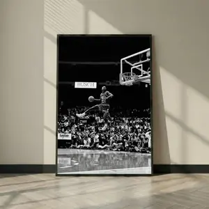 Michael Jordan Dunk Poster, Black and White Basketball Wall Art, Vintage Style Sports Print, Slam Dunk Action Photo, Gym Room Decor Gift