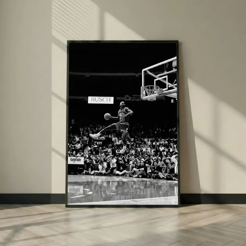 Vintage Black and White Slam Dunk Action Paper Poster, Classic Photo Prints, Multi-Size Sports Wall Art, Gym Room Man Cave Decoration, Shipping Tube-Included Home Supplies Gift