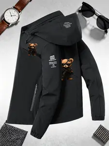 Unisex Spring Fall Hooded Zipper Jacket, Casual Outdoor Jacket with Bear Design, Durable Lining, Multifunctional Outerwear