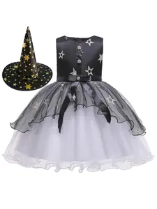 Girl's Halloween Themed Star Embroidery Contrast Mesh Tiered Layer Sleeveless Tulle Costume Dress with Hat, Cute Fake Buttons Bow Front & Big Bow Back Decor Zipper Back A Line Dress for Party Holiday Performance, Kids Clothes for All Seasons