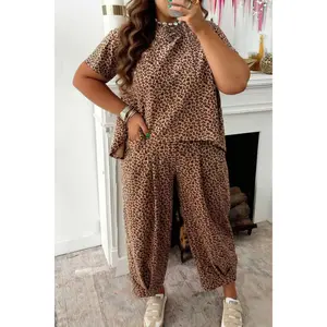Brown Plus Size Leopard Loose Top Pleated Pants Set