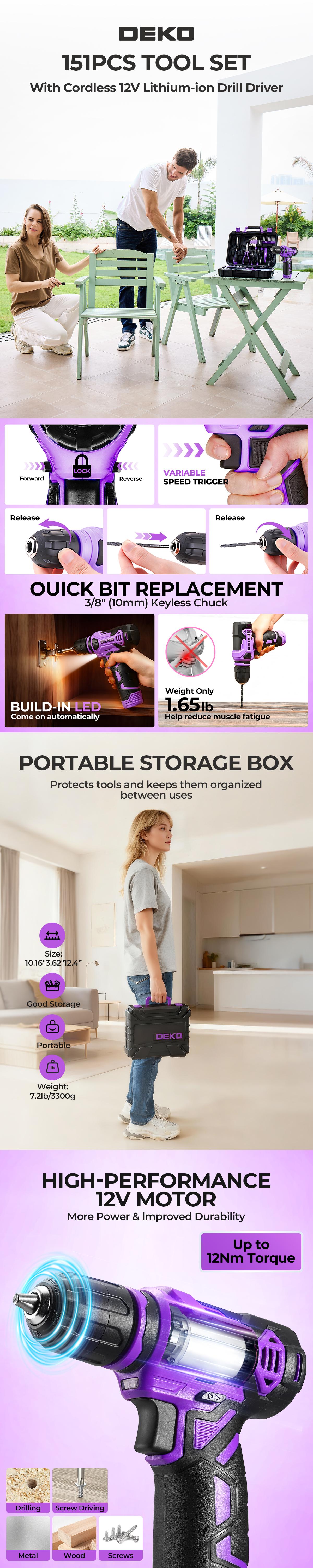 DEKO Essential 151-Piece Home Repair Tool Kit Set with 12V Drill - Perfect for Furniture Assembly, Gardening & DIY Projects fathersdaygift