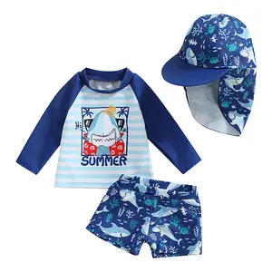 Toddler Baby Boy Rash Guard Swimsuit Long Sleeve Trunk Rash Guard Bathing Suit with Hat Set Swimwear Infant Beachwear