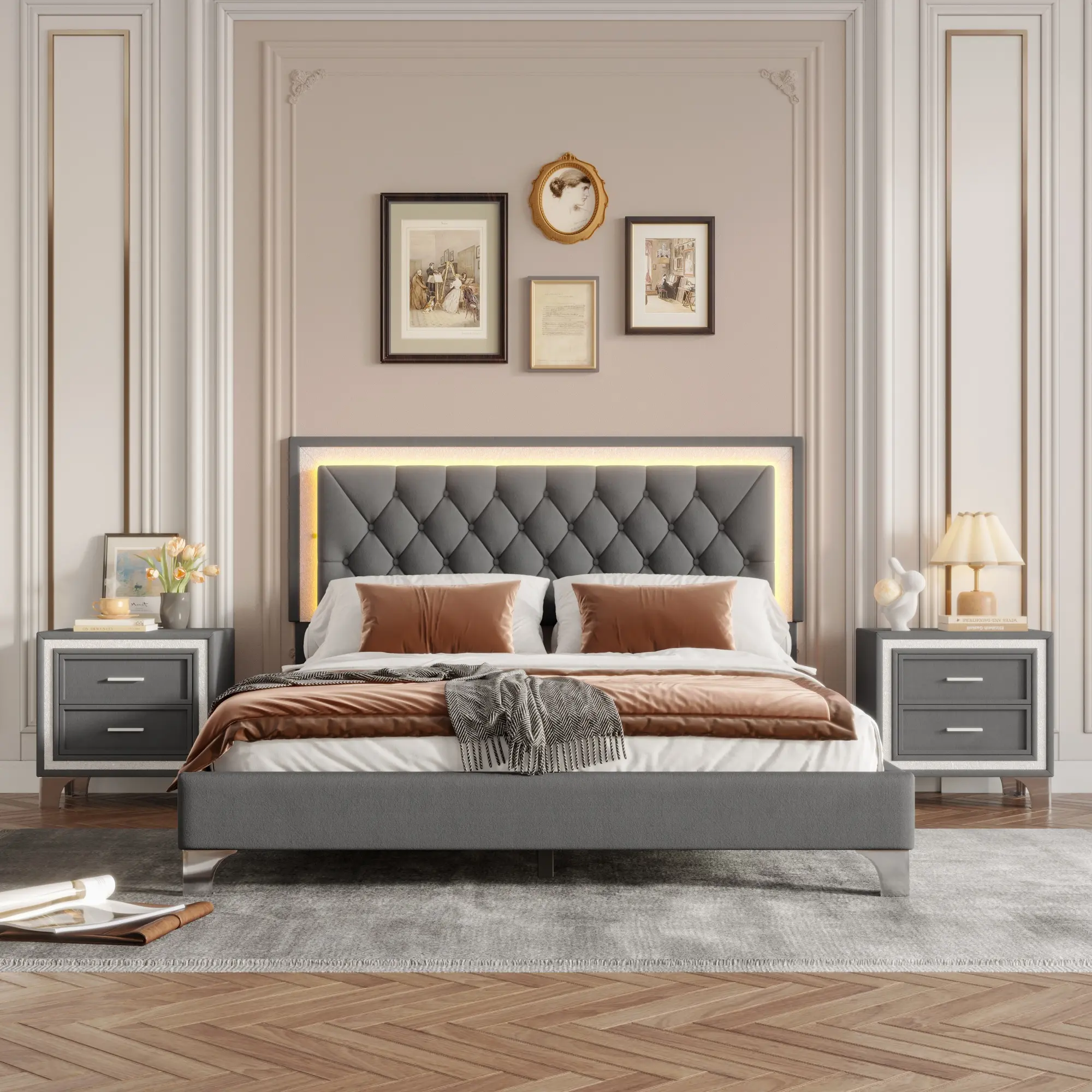 Bedroom Sets, 3 Pieces Queen Bedroom Sets, Queen Size Upholstered Platform Bed with LED Lights and 2 Nightstands for Bedroom, Wood Slat Support, No Box Spring Needed, Easy Assembly
