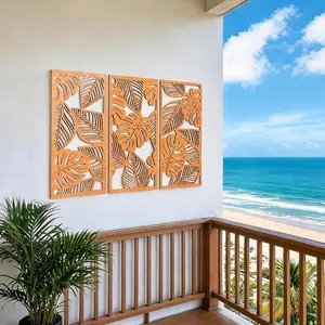 pechpell 3 Piece Laser Cut Monstera Palm Leaf Wall Decor, 15.7"*7.9" Orange Wooden Tropical Wall Art, Boho Minimalist Botanical Indoor Bedroom Living Room Bathroom Office Farmhouse Home Decorations