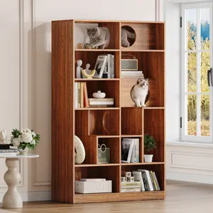 ARCH Modern 2 IN 1 Wood Bookshelf  Cat House, Cat Tree Display Case with Storage, Cat Litter Box Enclosure Climbing Shelf - BROWN