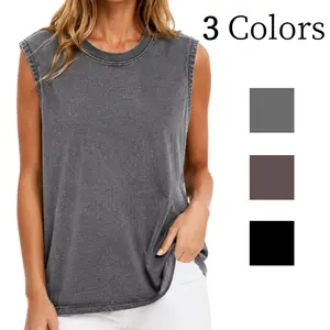 Unisex Washed Cotton Sleeveless Tank, Loose Fit, Vintage Crew Neck, Casual Everyday Gray Top