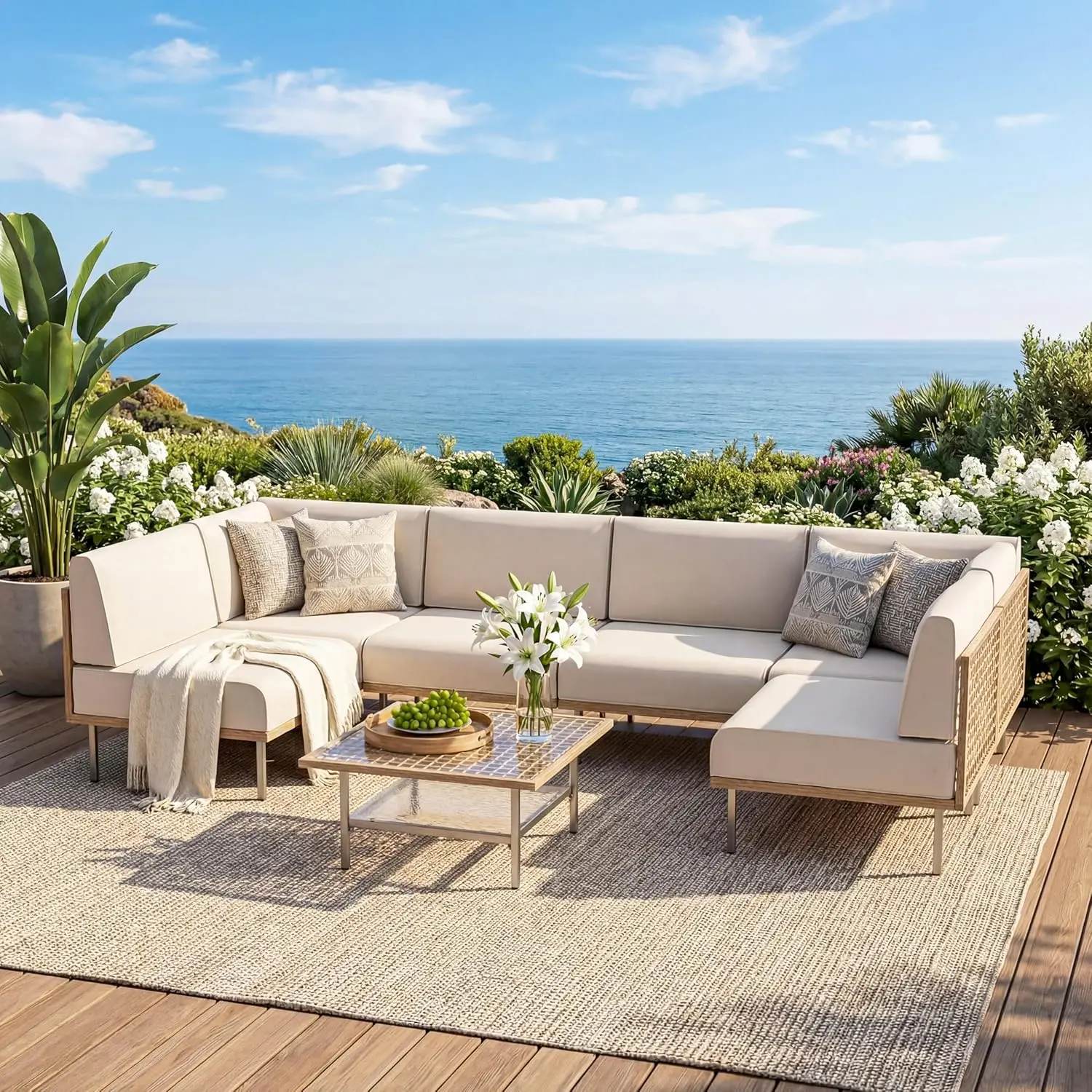 LAUSAINT HOME 7-Piece Patio Furniture Set, PE Rattan Outdoor Sofa Sectional Couch with Multiple Seats, Washable Cushions, Tempered Glass Table for Garden (Beige)